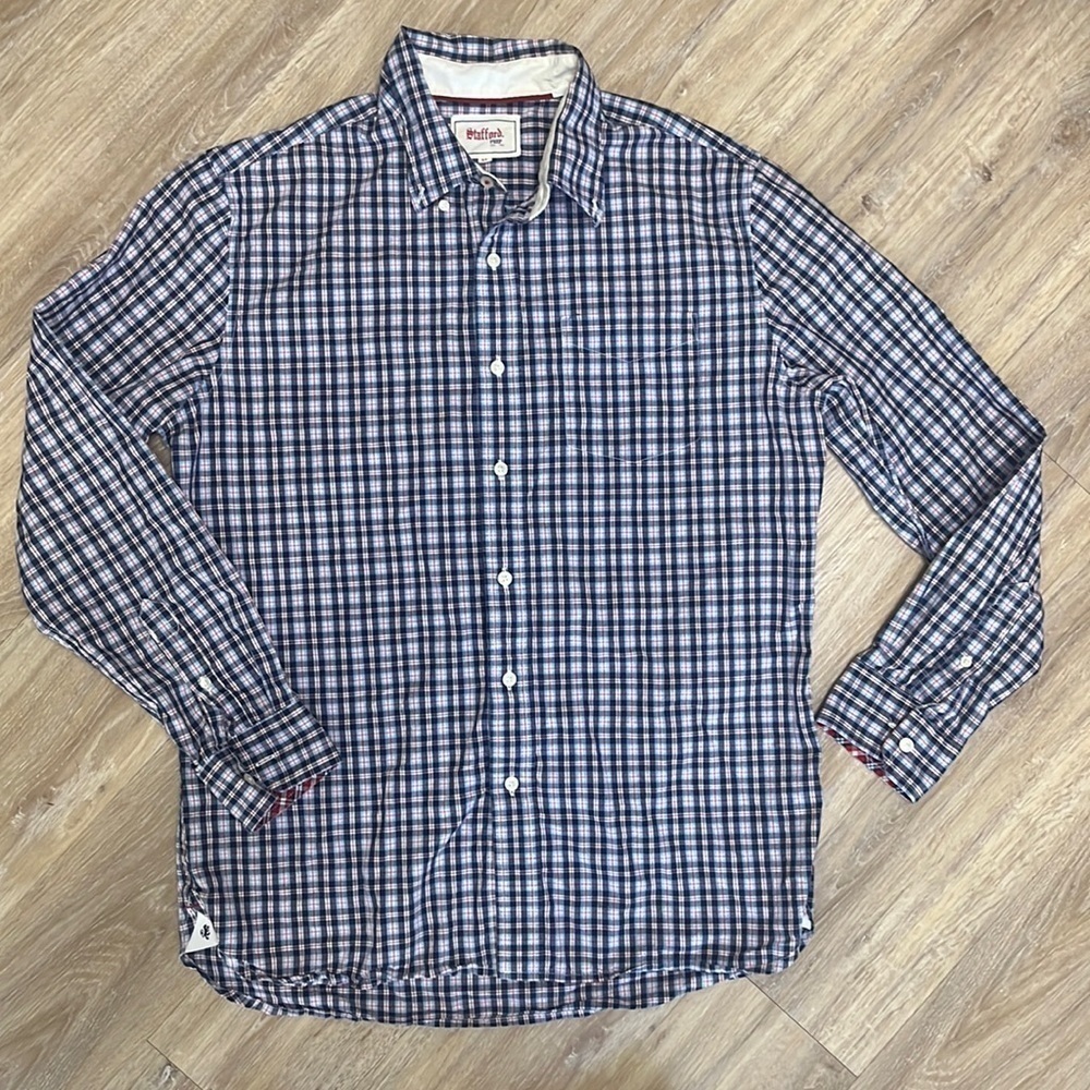 Men’s Stafford Prep Blue and Red Plaid Long Sleeved Button Down.